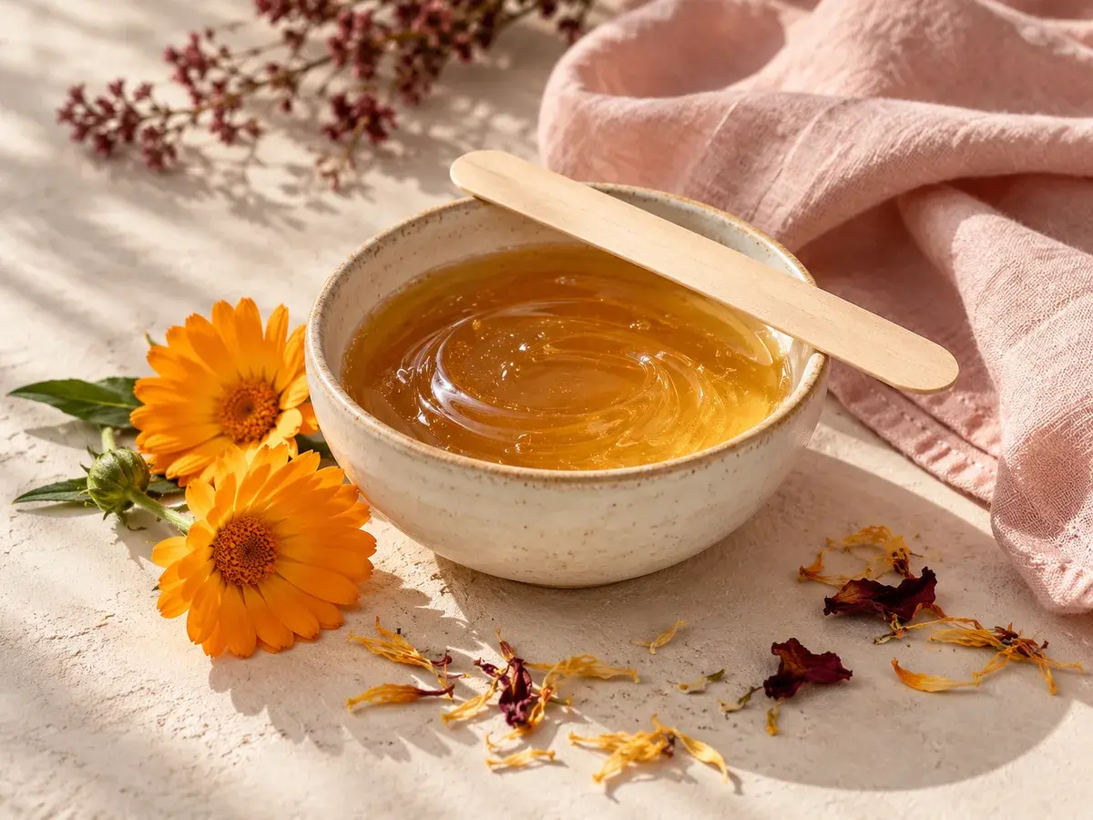 Bol de cire dorée avec une spatule en bois et des fleurs de calendula.