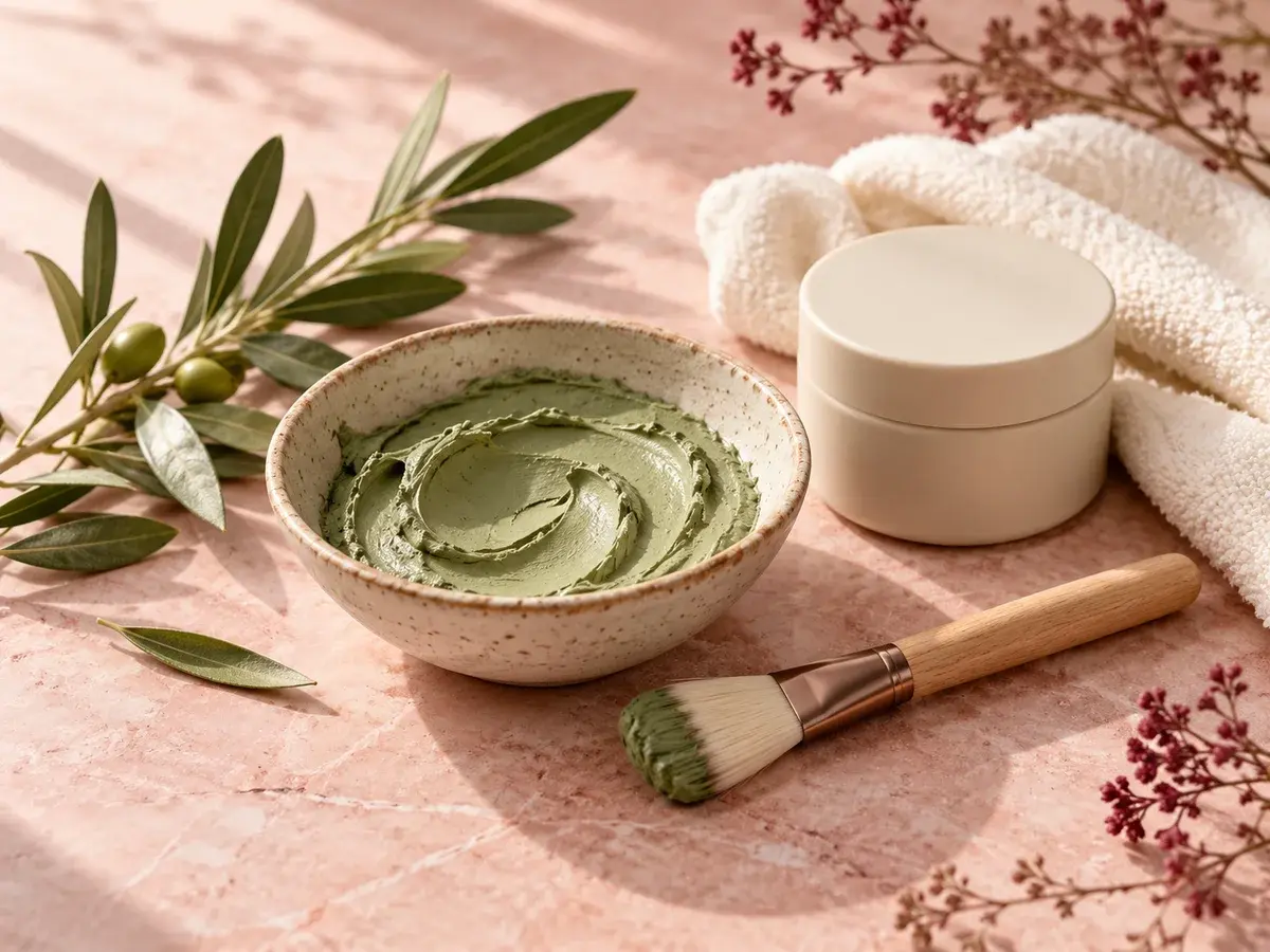 Masque à l’argile dans un bol, pinceau et pot de soin du visage.